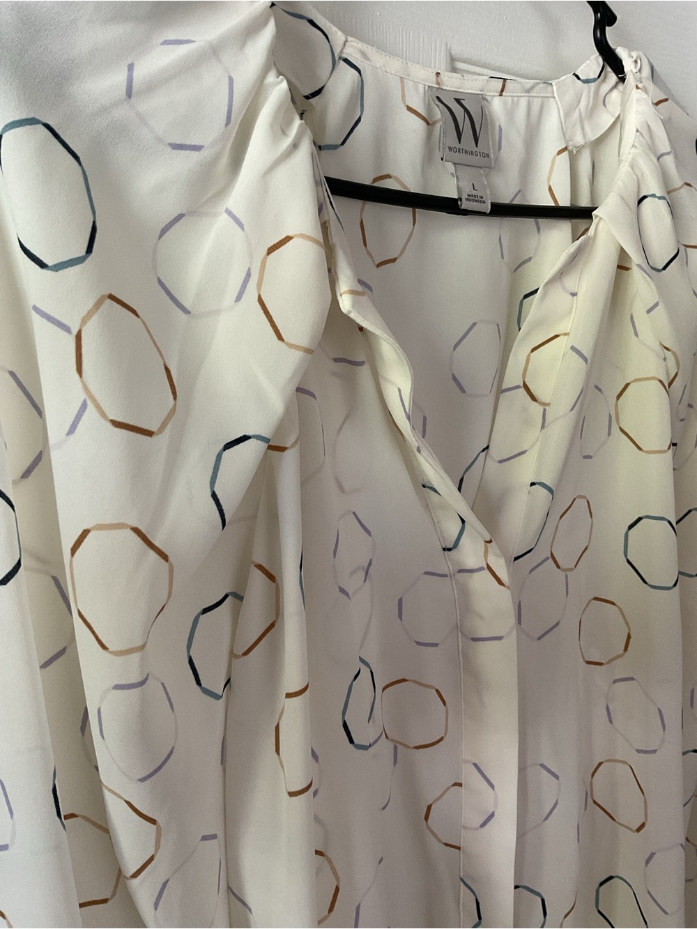 Worthington White Geometric Print Blouse Size L Long Sleeve Career Top - Picture 3 of 7